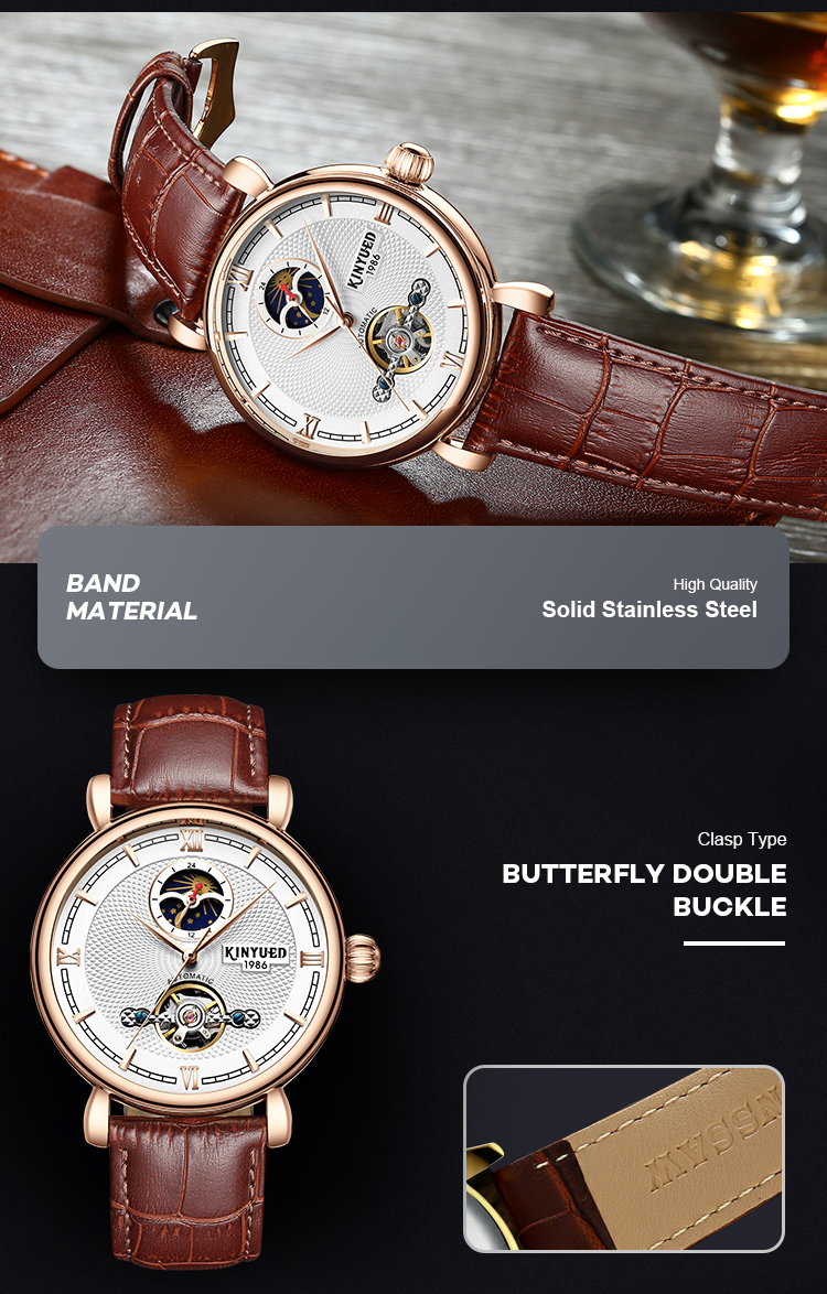 Luxury brand KINYUED water resistant watch tourbillon watch mechanical men's leather automatic