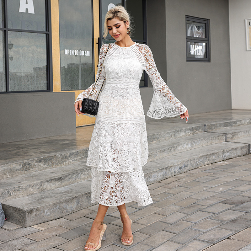 High Neck Ladies Lace Dresses Balloon Long Sleeve Lace Up Dress With Elastic Cuffs