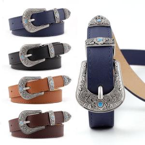 China Metal Engraved Buckle Pu Leather Belts Ladies 107cm Bohemian Style Fashion wholesale