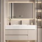 Cream Butter Style Mirrored Bathroom Vanity Cabinet With Seamless Splicing Basin