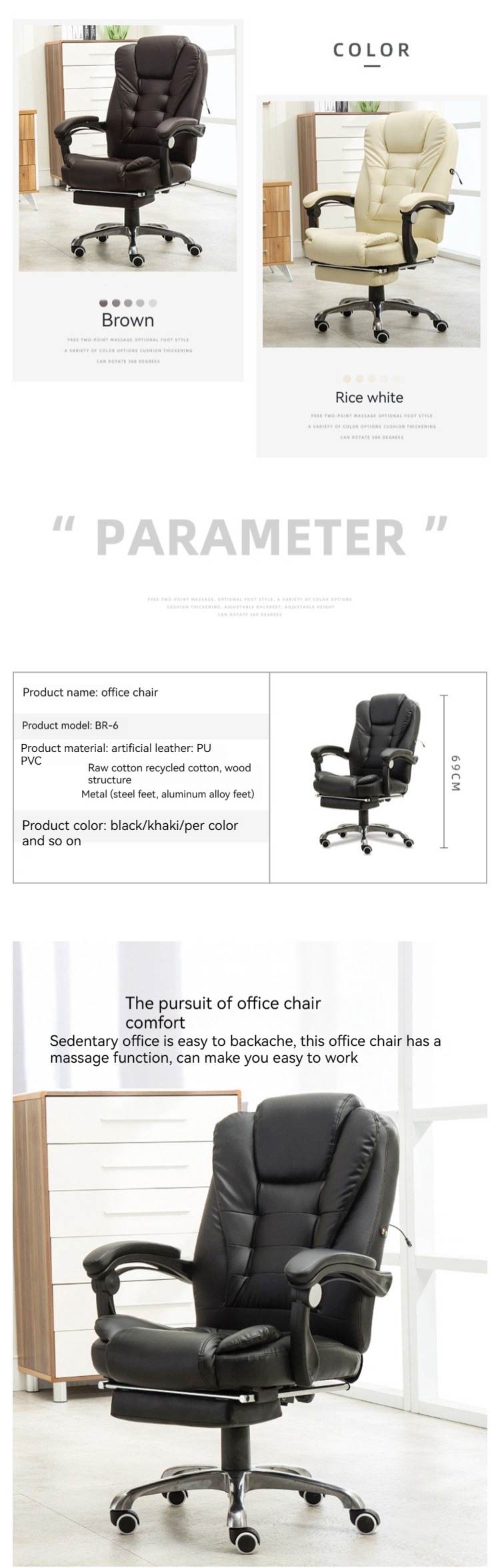 Adjustable Height High Back Black Leather Office Chair with Footrest and Wide Back