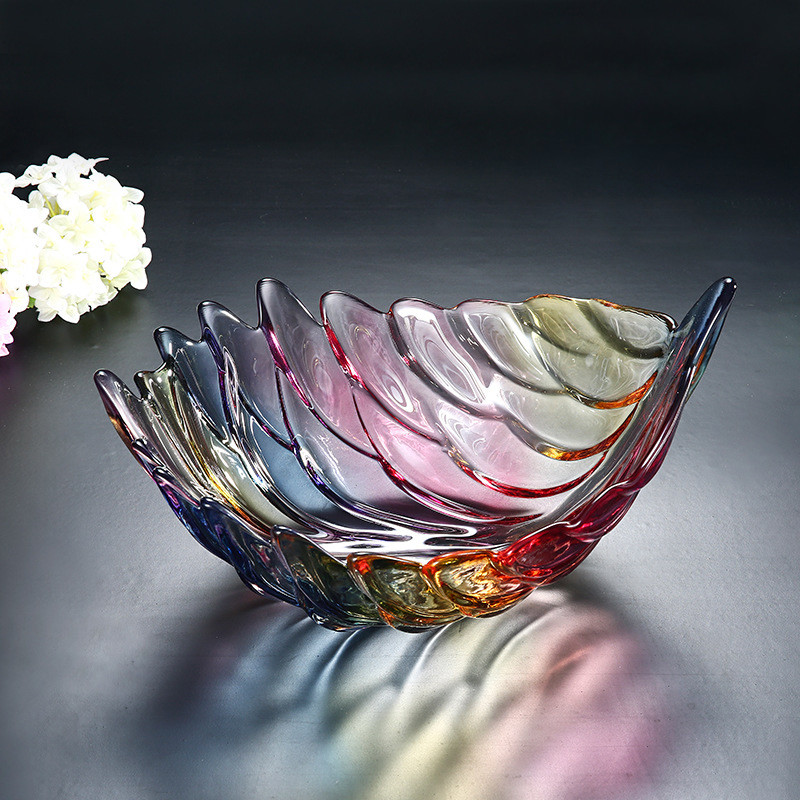 FDA SGS Vintage Amber Luxury Glass Fruit Bowl Leaf Shaped European Style