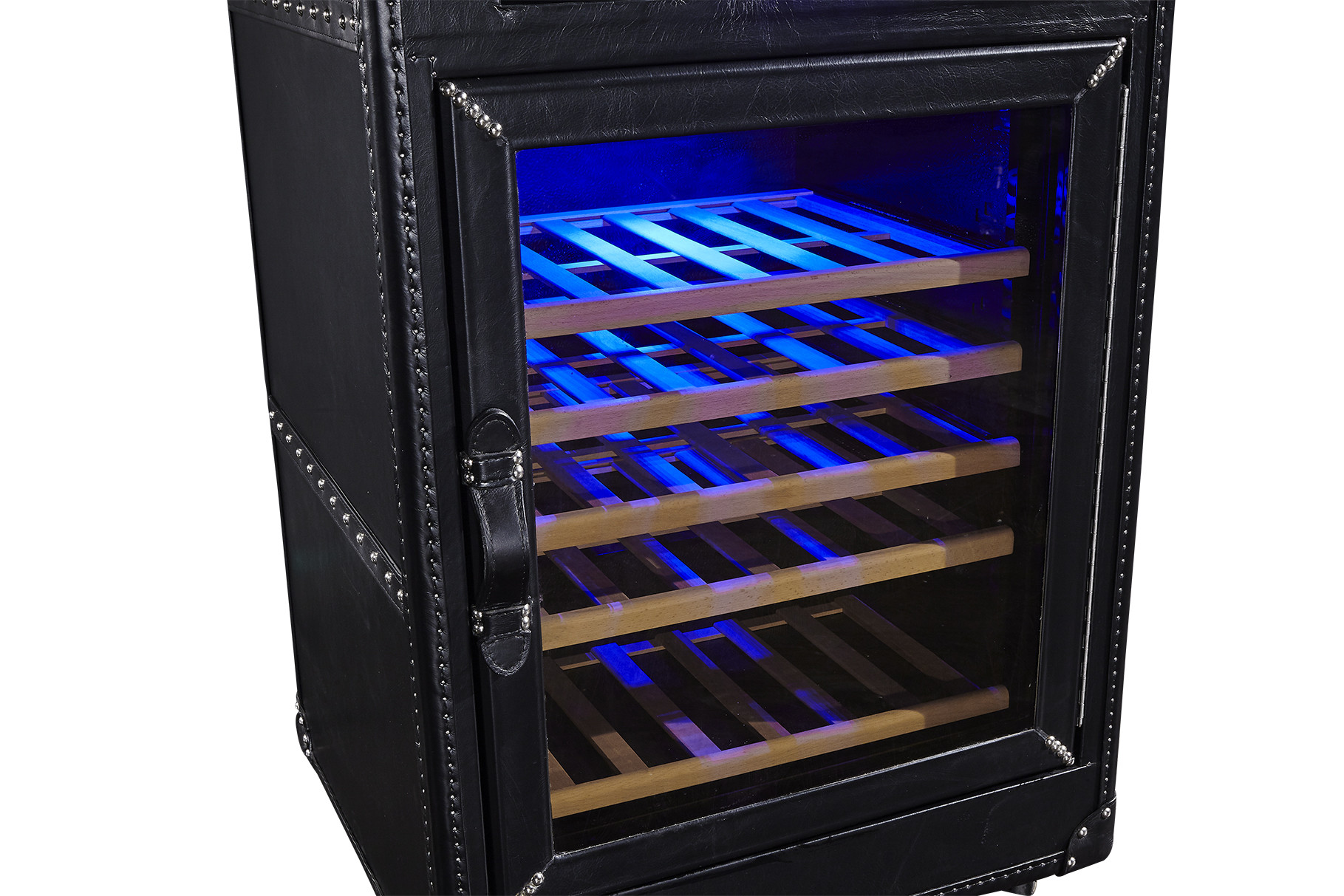 Black Color Wine Storage Cabinet Top Grain Vintage Scratches Genuine Leather Wheel Legs