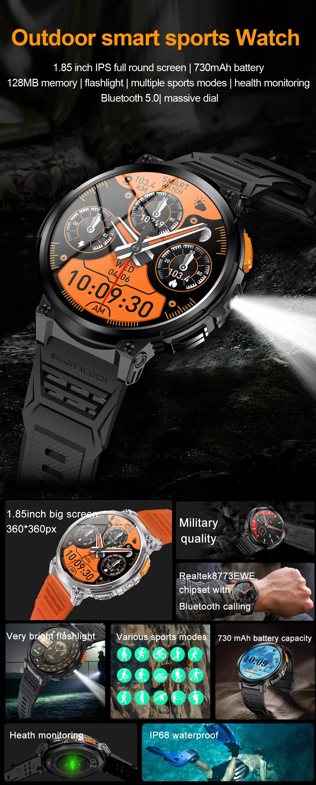Outdoor BT Music Smart Watch IP68 Sleep Monitor SmartWatch K66 730mah Battery