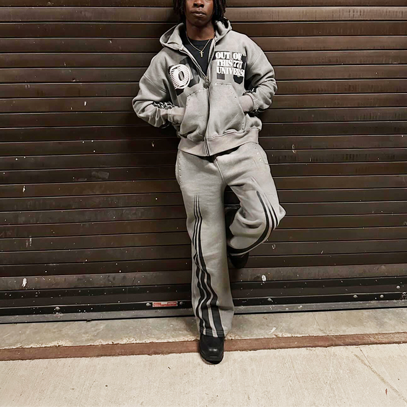 Tracksuits Men Zipper Rhinestone Acid Wash Vintage Hoodie Stripe Design Track Sweatpants and Hoodie Set Custom Screen Print Logo