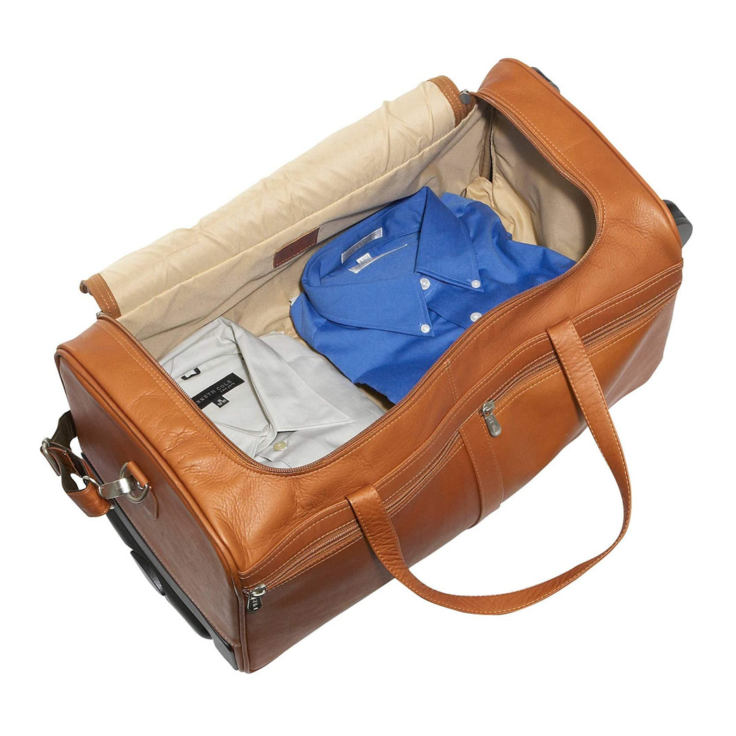 24 Inch Genuine Leather Duffel Travel Overnight Weekend Leather Bag Telescoping Trolley Handle