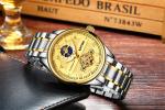 Brand KINYUED automatic skeleton watch gold dial moon phase tourbillon mens