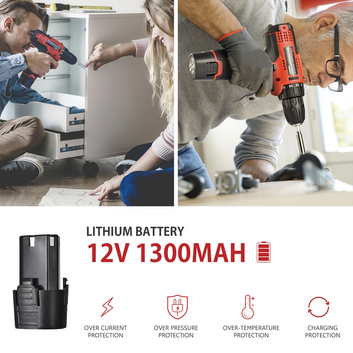 Double Battery Power Screw Drivers 12V Cordless Electric Power Drill 25N.M 18+1