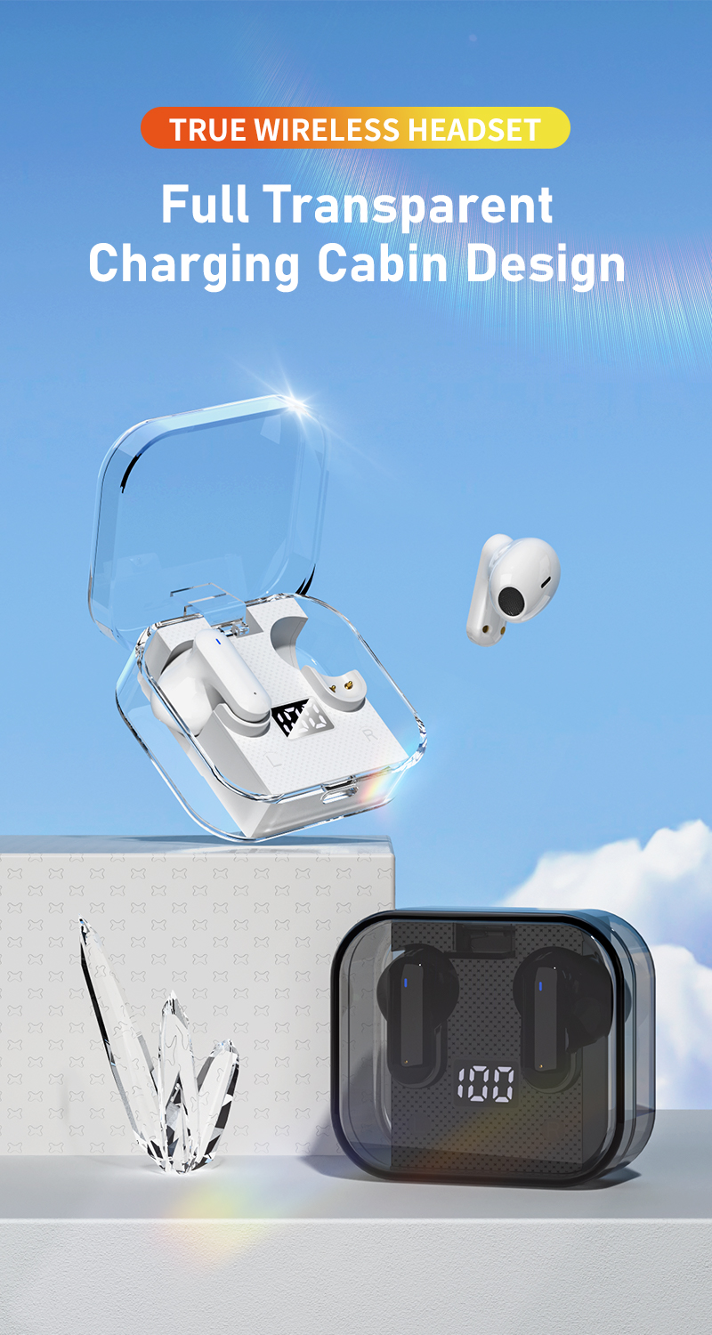 Wireless Music Gaming Headset with Digital Display and Transparent Case Low Latency 2024
