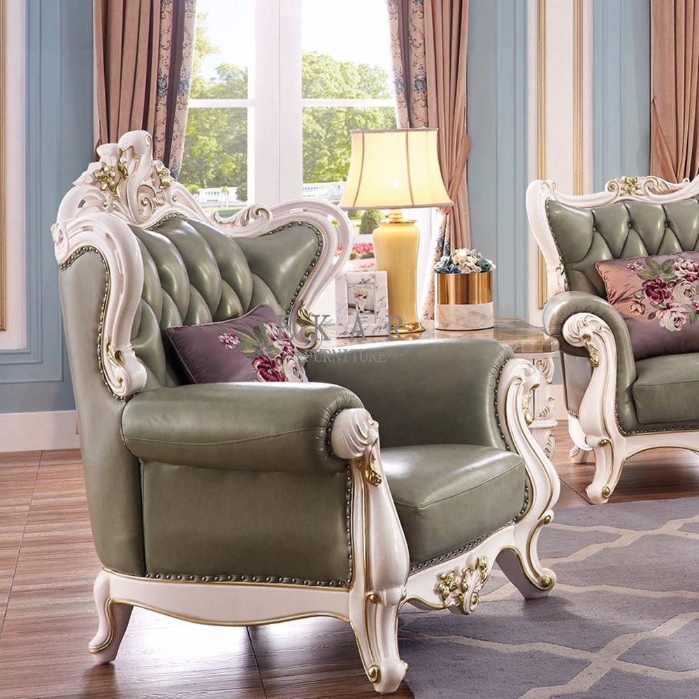Leather Living Room Luxury Royal Wooden Sofa Set