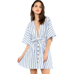 China Women Sweet V Neck Tied Open Back Striped Dress With Tassel wholesale