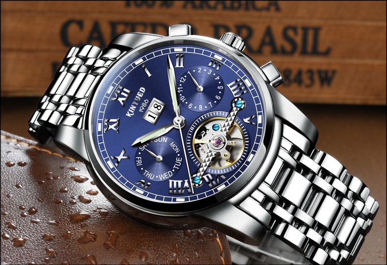 KINYUED J015-2 Luminous OEM Custom Watches Waterproof Stainless Steel Strap Automatic Mechanical Men's Watch