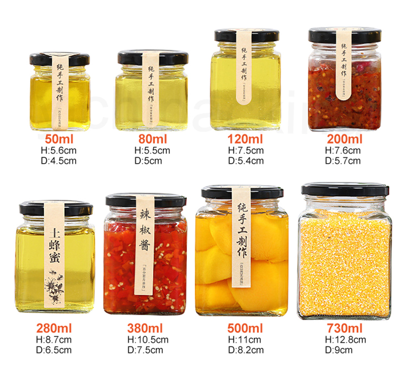 Food Storage Square Glass Jars , Portable 4 Inches Wide Mouth Glass Jars