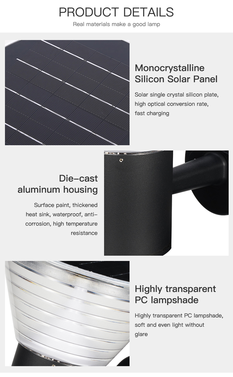 15W Aluminum Sconce Outdoor Garden Solar Light Wall Mounted With Mono Solar Panel