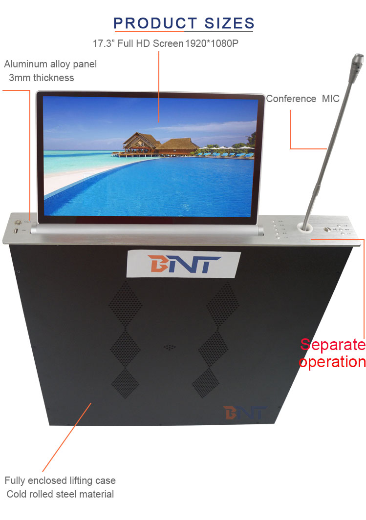 BNT popular LCD monitor motorized lift mechanism with conference microphone for AV solution