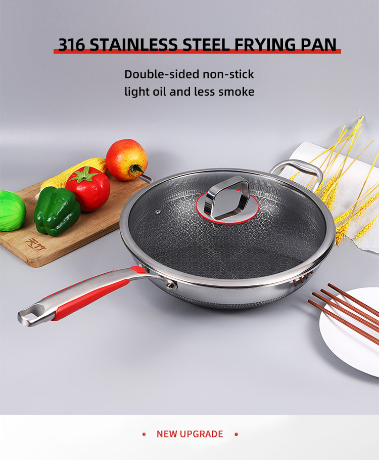 Wholesale Honeycomb Non Stick Fry Pan Cooking Pot 18/10 Stainless Steel Wok Pan With Glass Cover