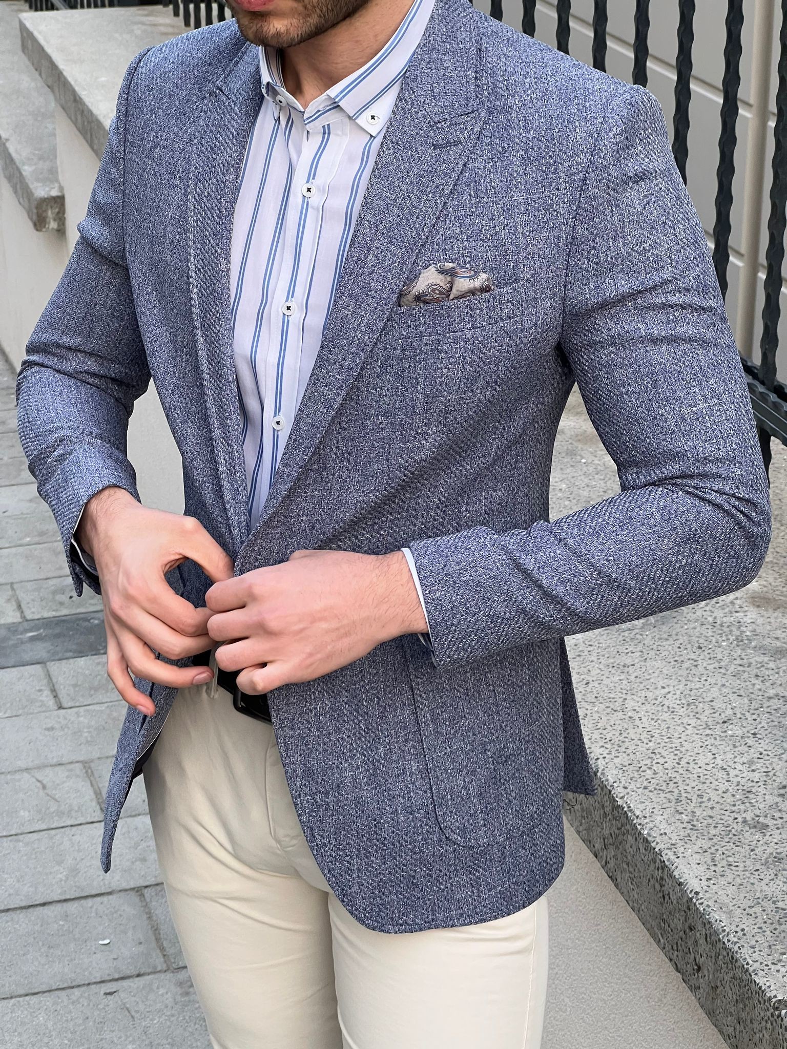 Slim Fit Self Patterned Blue Business Casual Blazer Outfit