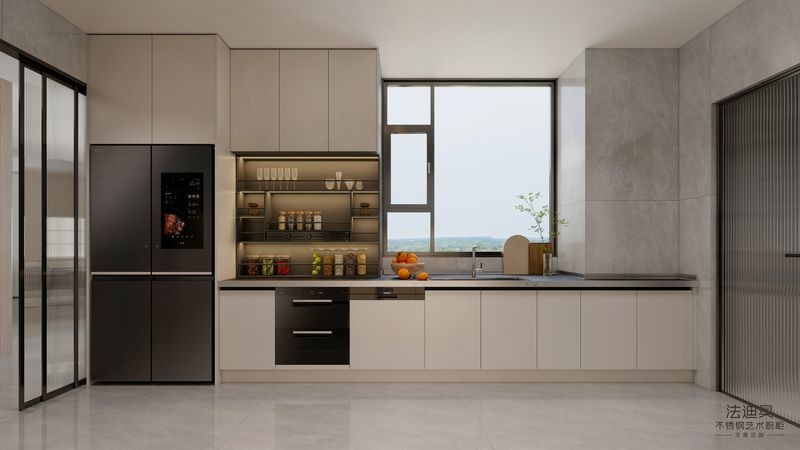 Fadior Double-Line Layout Beige Stainless Steel Modern Kitchen Cabinet