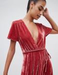 OEM short sleeve pink velvet wrap midi dress