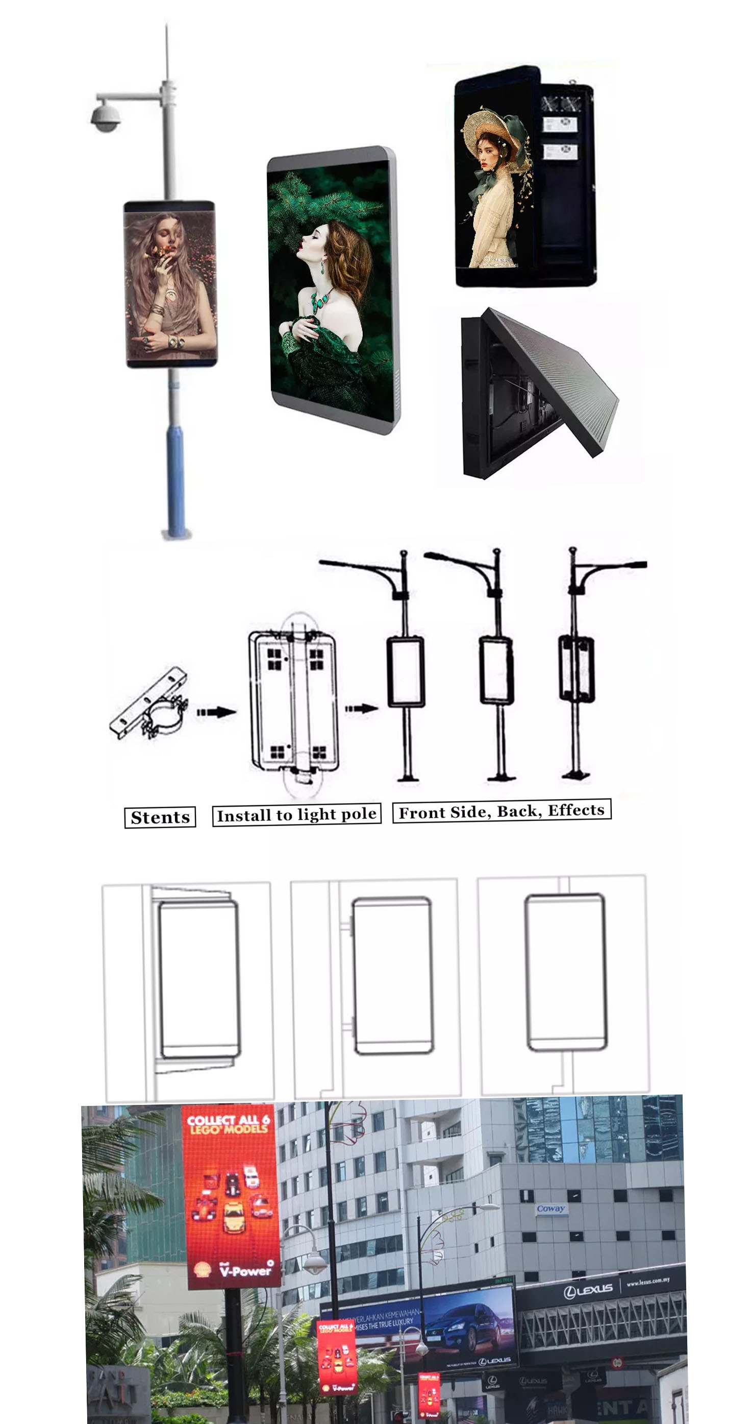 Outdoor Roadside Light Poles Displaying Full Color Led Signs Large Screen