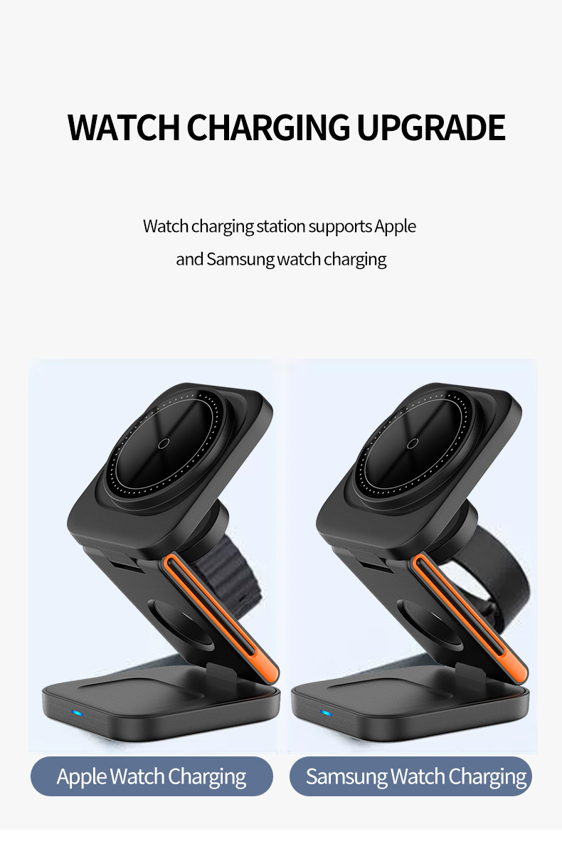 Mobile Phone Stand 3-in-1 Foldable Magnetic Wireless Charger with Over-Charging Protection and USB-Type C Input Port