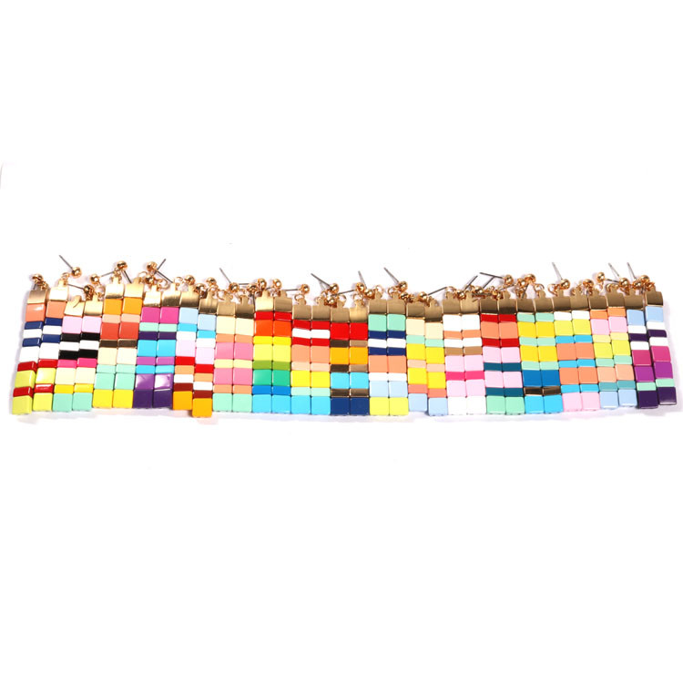 70mm Square Rainbow Beaded Earrings string shape For Daily Wear
