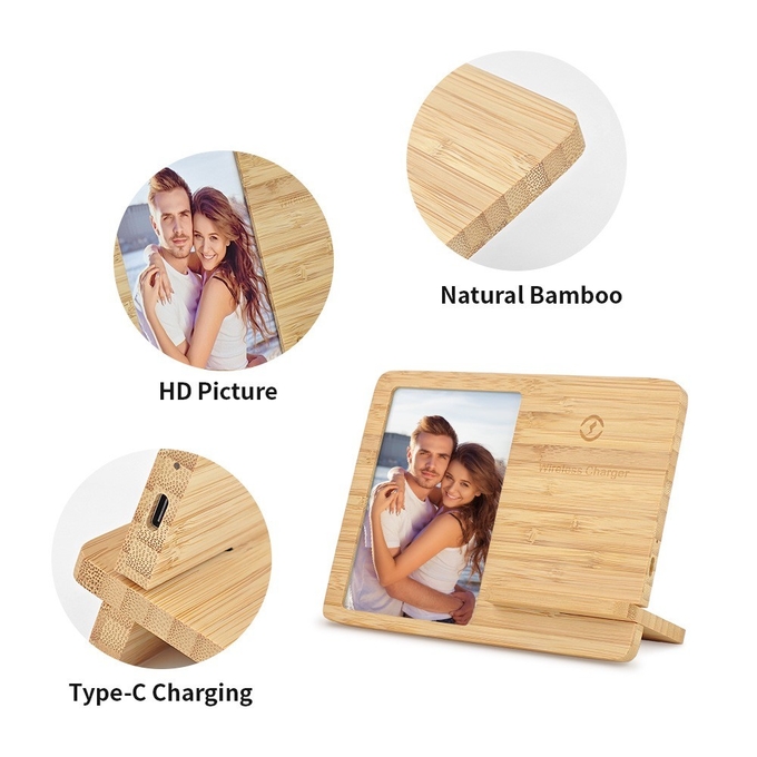 Custom Blank Sublimation Bamboo Desktop Photo Frame With Wireless Charger For Sublimation Photo Printing