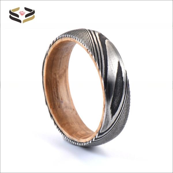 Etched Damascus Steel Wedding Rings 6mm 8mm With Whiskey Barrel Wood Sleeve Inlay