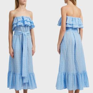 China Women Blue Cotton Off Shoulder Floral Embroidery Ruffle Dress Women wholesale