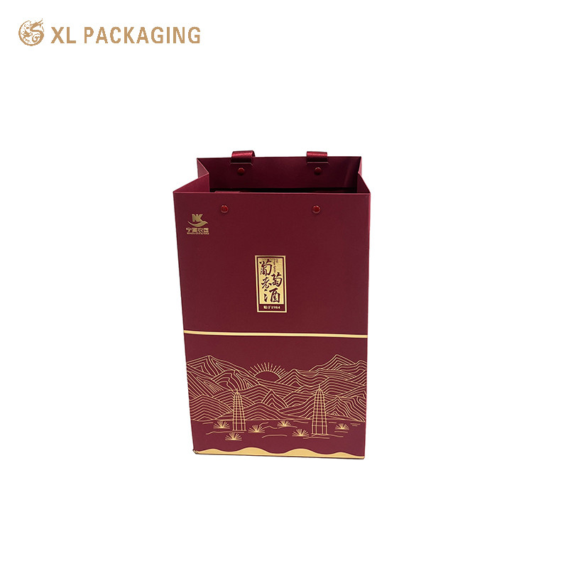 Eco friendly Red Paper Gift Bags One Wine Packaging Bags With Ribbon Handle