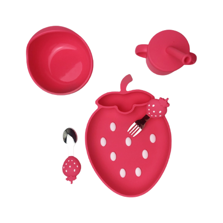 BPA Free Silicone Baby Feeding Set Strawberry Shape Bowl Spoon Bib Set