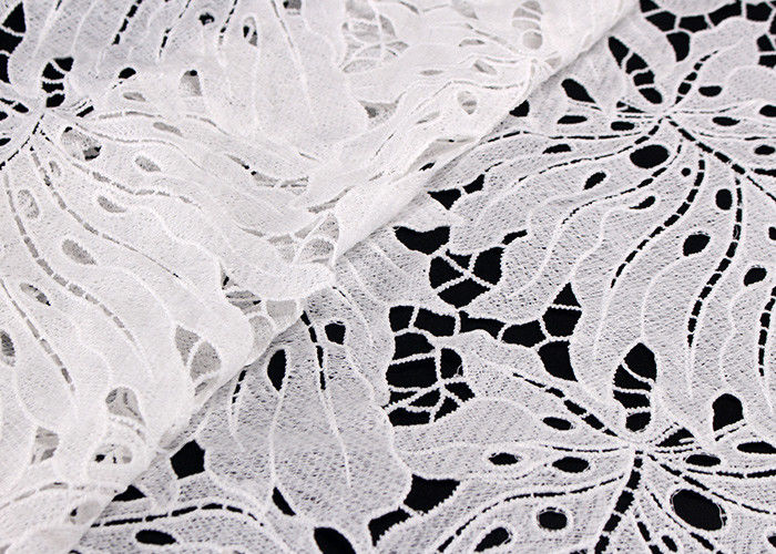 125cm Poly Milk Polyester Lace Fabric Leaf Design / Guipure Embroidered Fabric For Dresses