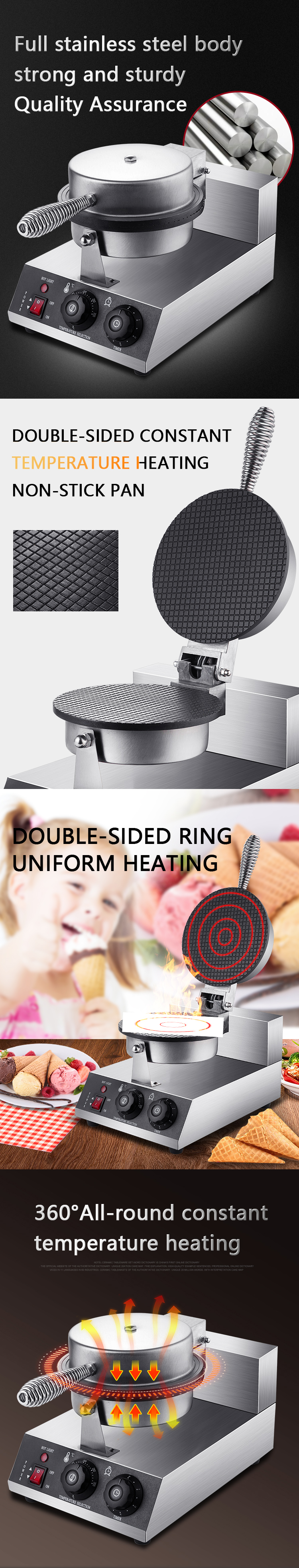 1.2W Adjustable Thermostat Electric Ice Cream Cone Baker Waffle Cone Maker for Commercial