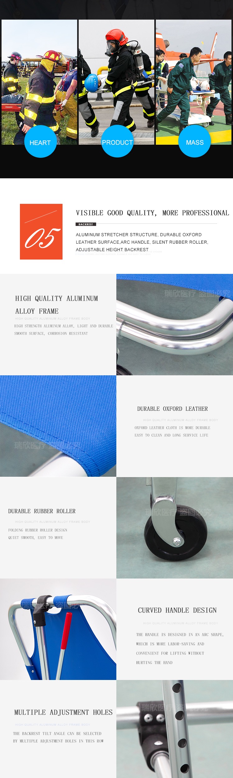 Blue Aluminum Alloy Folding Stretcher Manual Foldable Canvas Stretcher