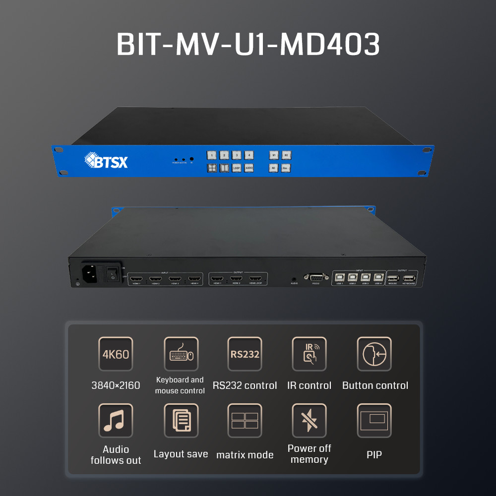 End KVM Solution BIT-MV-U1-MD403 4K60 Resolution Multi-Viewer Processor with 3x HDMI 2.0 Output Ports and 1 Loop-out