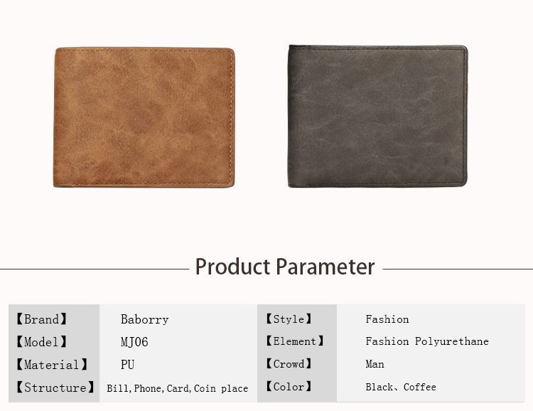 PU Main Material Men's Short Wallet with Vintage Crazy Horse Leather and Multifunction