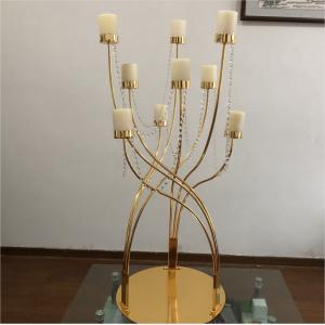 China 9 Arm Gold Metal Candelabra Luxury Candles Decor Antique Crystal Candle Holders wholesale