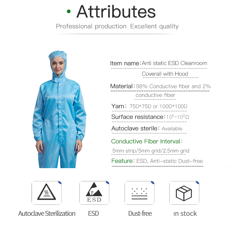 98% Conductive PE SMS Dust Free ESD Cleanroom Coverall