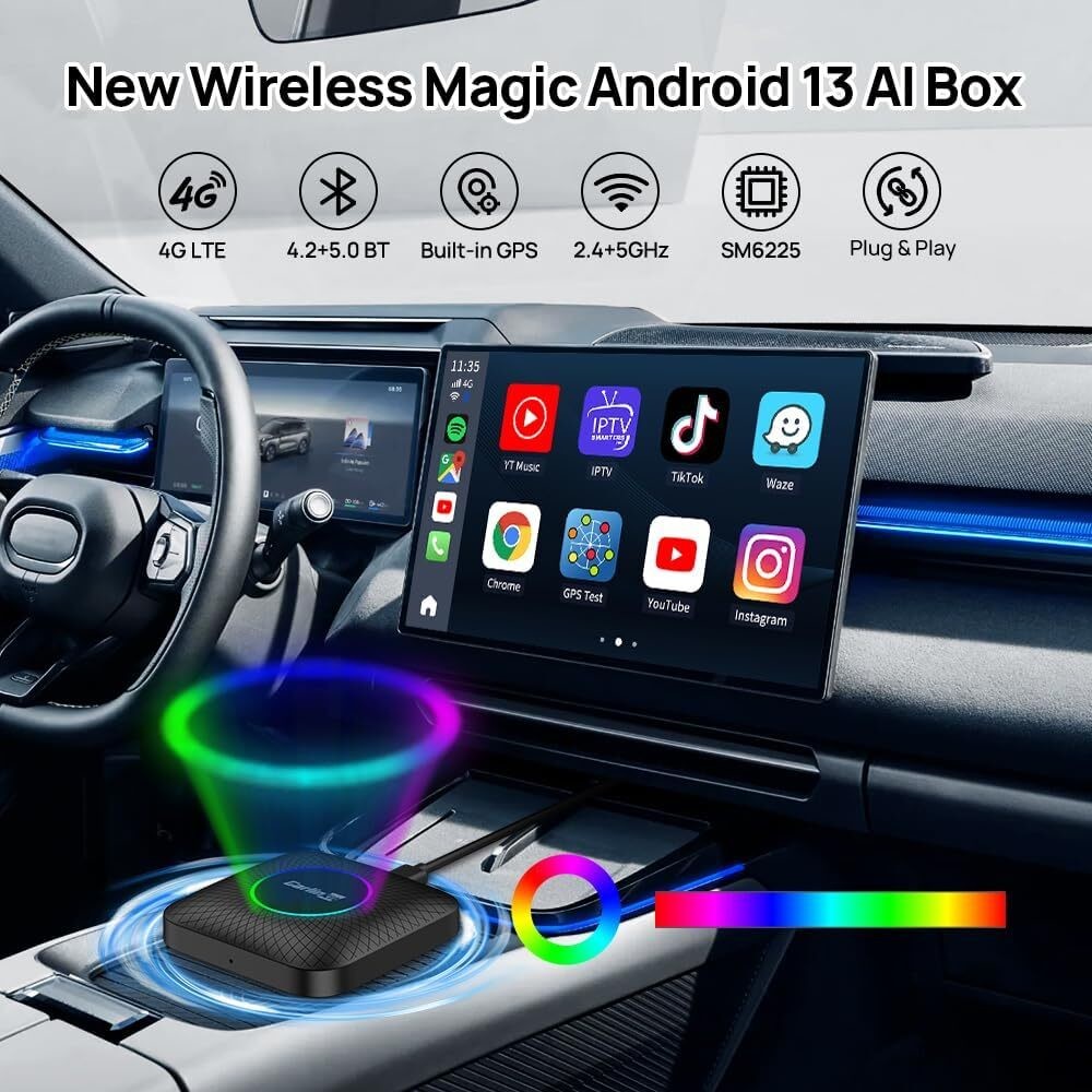 Wireless Adapter CarPlay Android Auto TBox Ambient Dongle Android 13 SM6225 128GB FOTA Upgrade SIM TF Ai Box For YouTube Netflix