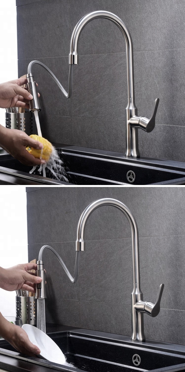 Pull Out Stainless Steel Kitchen Faucet Deck Mounted Single Handle Brushed Mixd