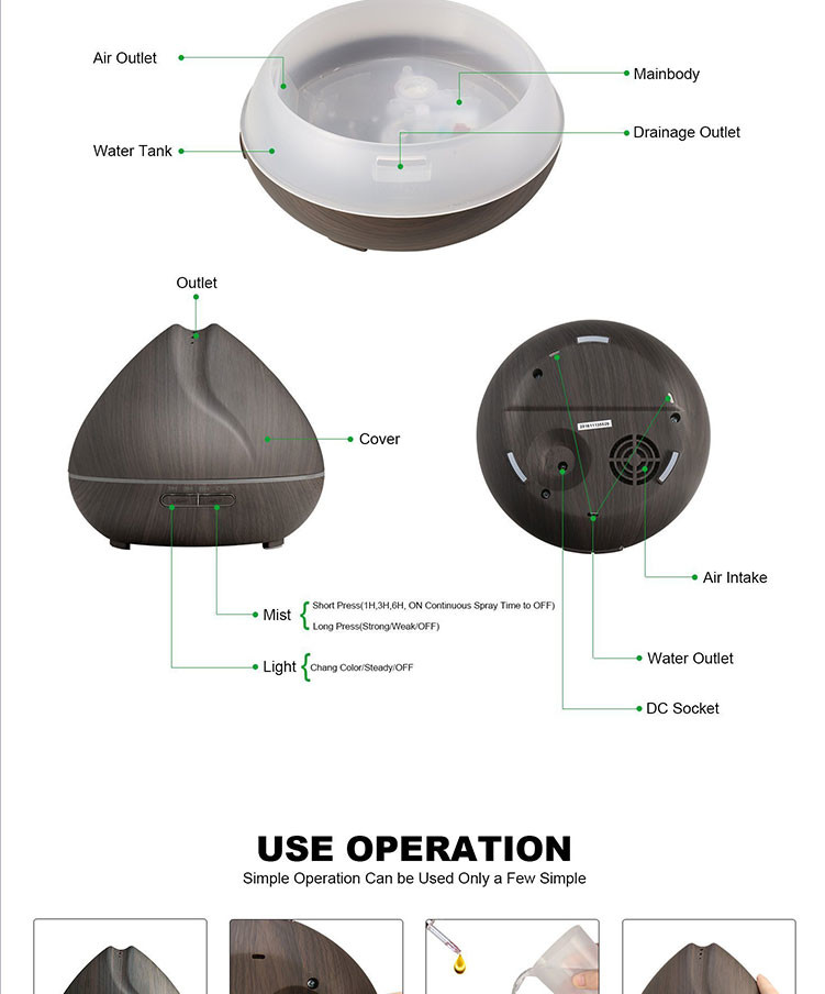 400ml Wood Grain Ultrasonic Aromatherapy Diffuser with Multi Mist Outputs, Shark Mouth Design