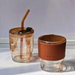 450ml Leather Glass Water Bottle With Glass Straw