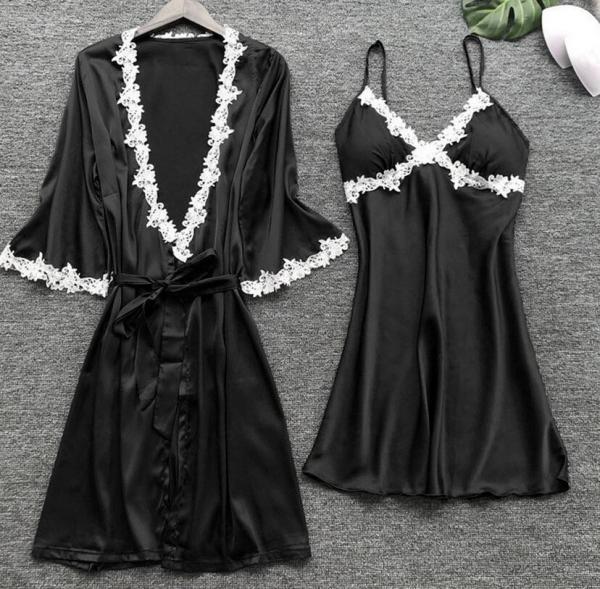 European and American sexy five-piece pajamas female summer sleeves bride morning robe plus size home service nightgown