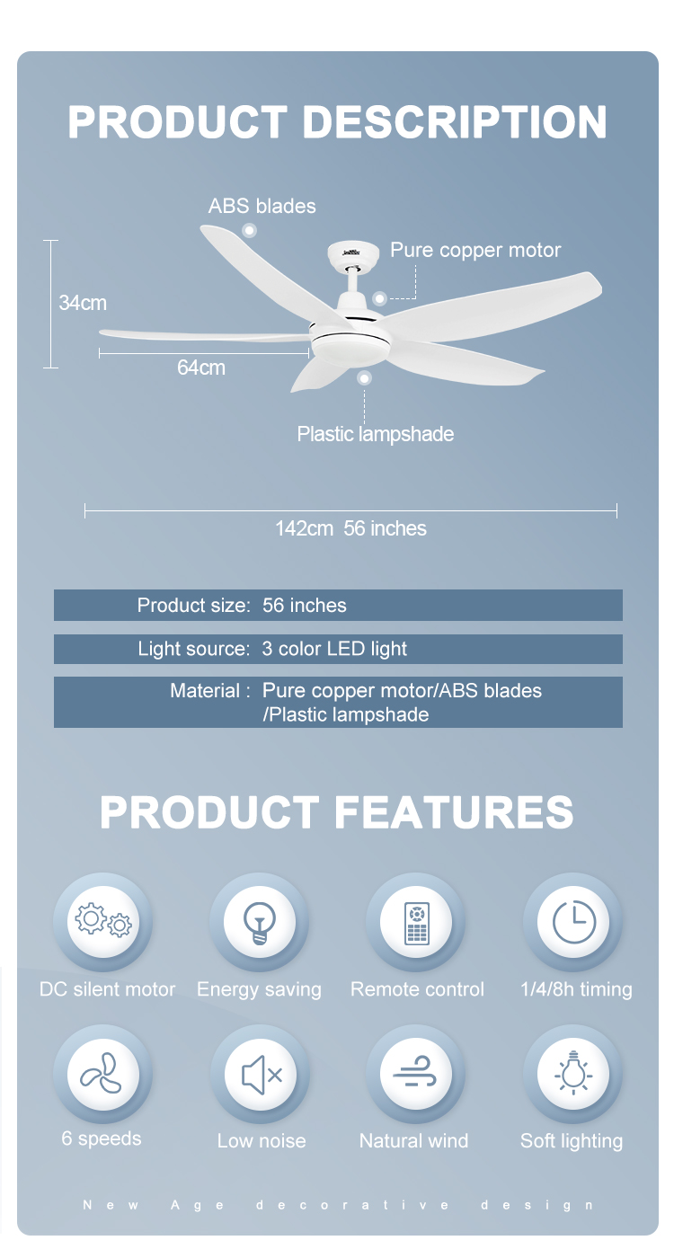6 Speed Choice Indoor Ceiling Fan with LED Light and Low Noise Plastic White Blades