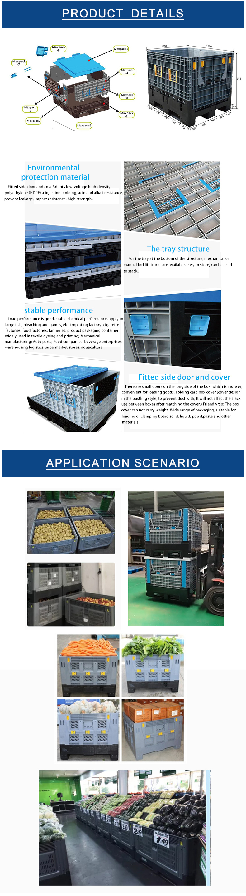 Big Plastic Crates Heavy Duty Bulk Storage Containers Large Collapsible Pallet Box Recyclable Bulk Cargo Storage Foldable Pallet Box Industrial