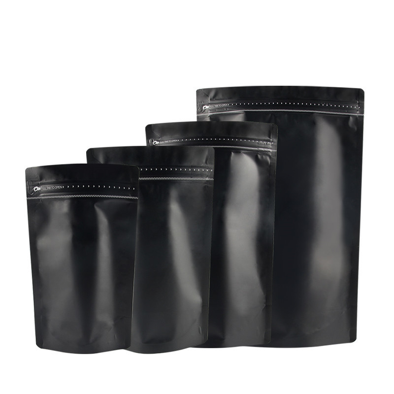 Matte Black Finish Foil Stand Up Zipper Packaging Bag Coffee Bag With Gold Strips