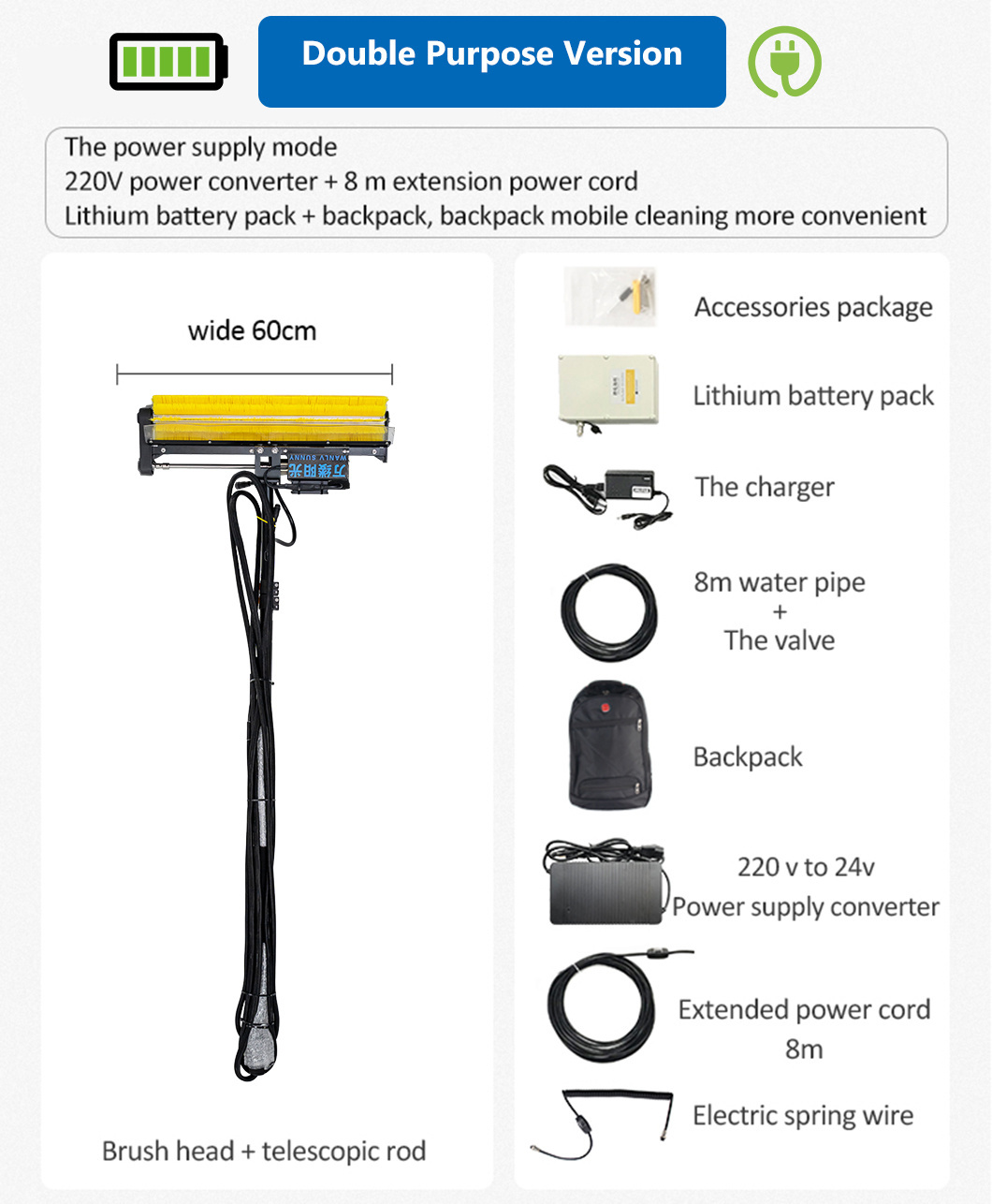 High Altitude Cleaning Tool Solar Panel Cleaner Photovoltaic Rolling Cleaning Machine with 7.5 Meter Handle