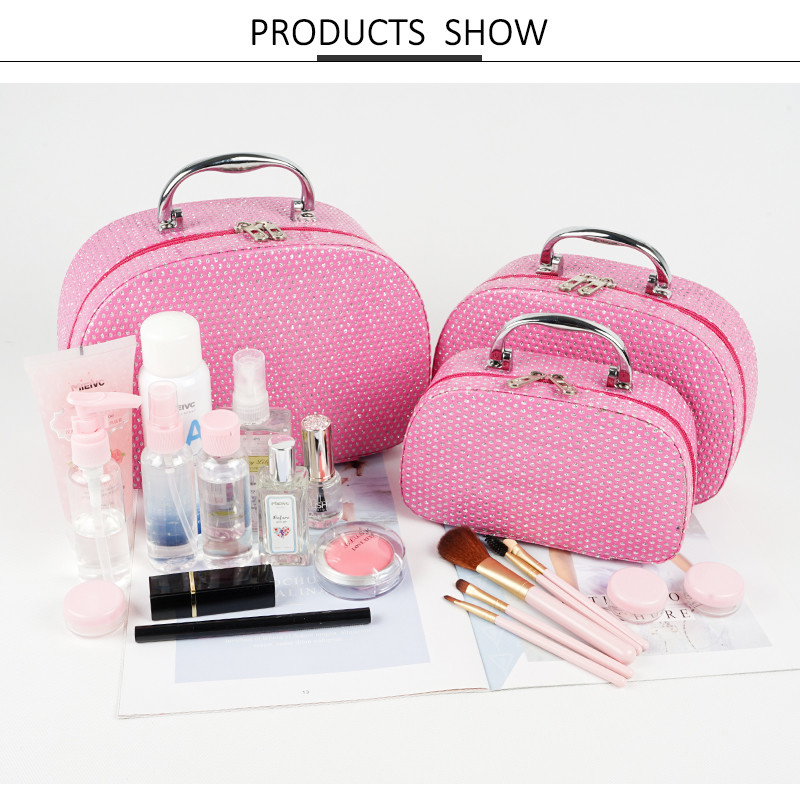 Pink PU Leather Makeup Cosmetic Case With Mirror