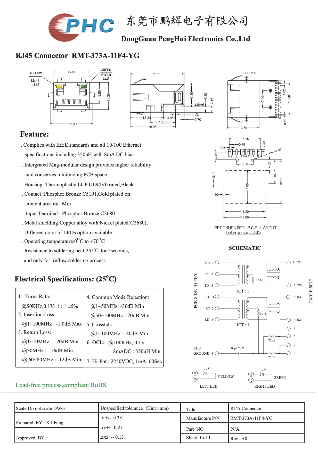 125vac SGS UL RJ45 Modular Jack 8 Pin Phosphor Bronze Material