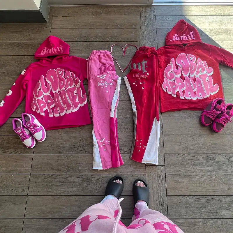 Collar Custom Hooded Women's Y2k Sweatshirt with Zip Up Design and Flare Sweatpants Set